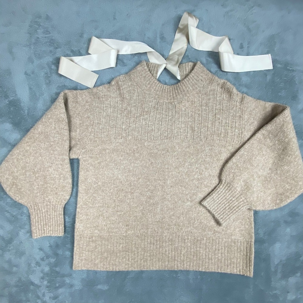 The Good Friends Women Sweater L Beige Wool Blend Back Tie Ribbon Balloon Sleeve - Picture 4 of 12